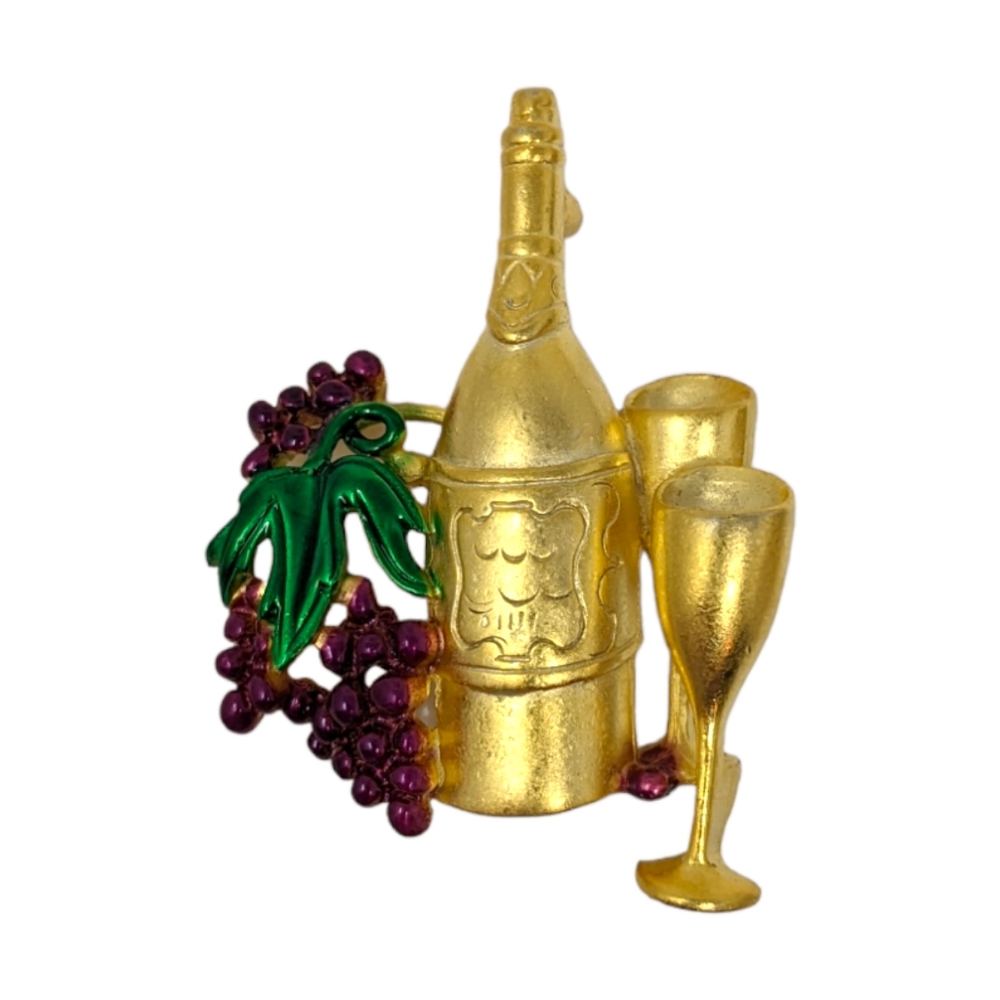 AJC Wine Bottle Brooch Pin Grapes Glasses Signed Gold Tone